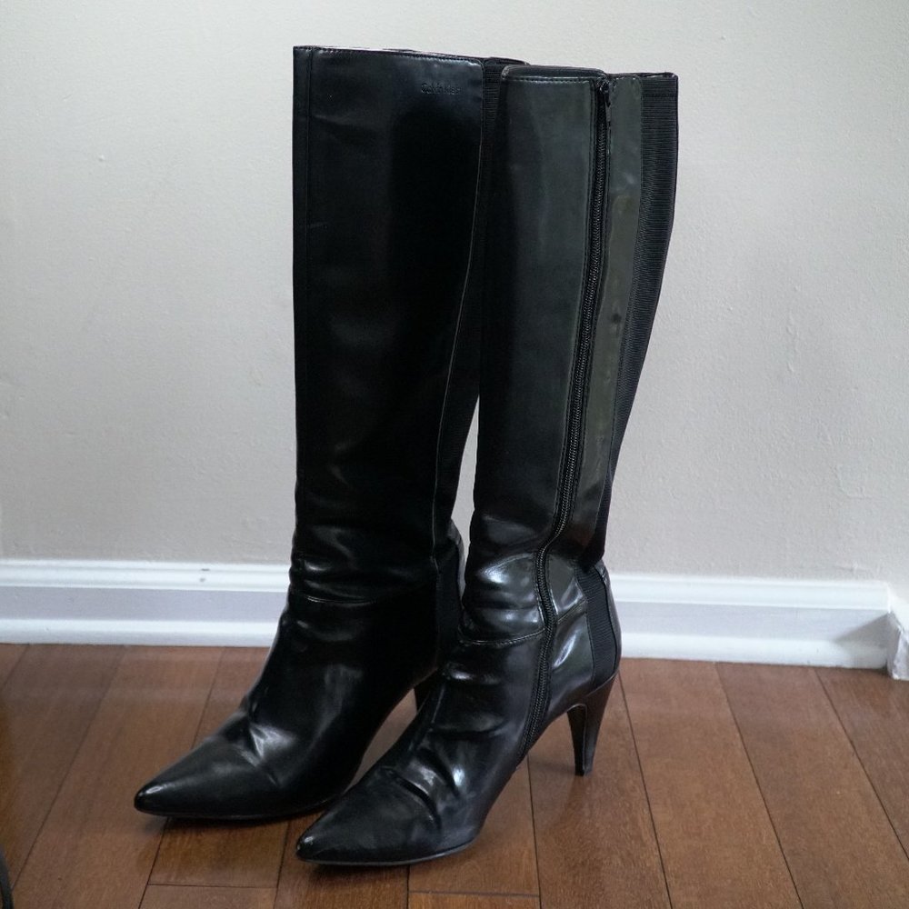 Calvin Klein Black Leather Knee High Stiletto Boots